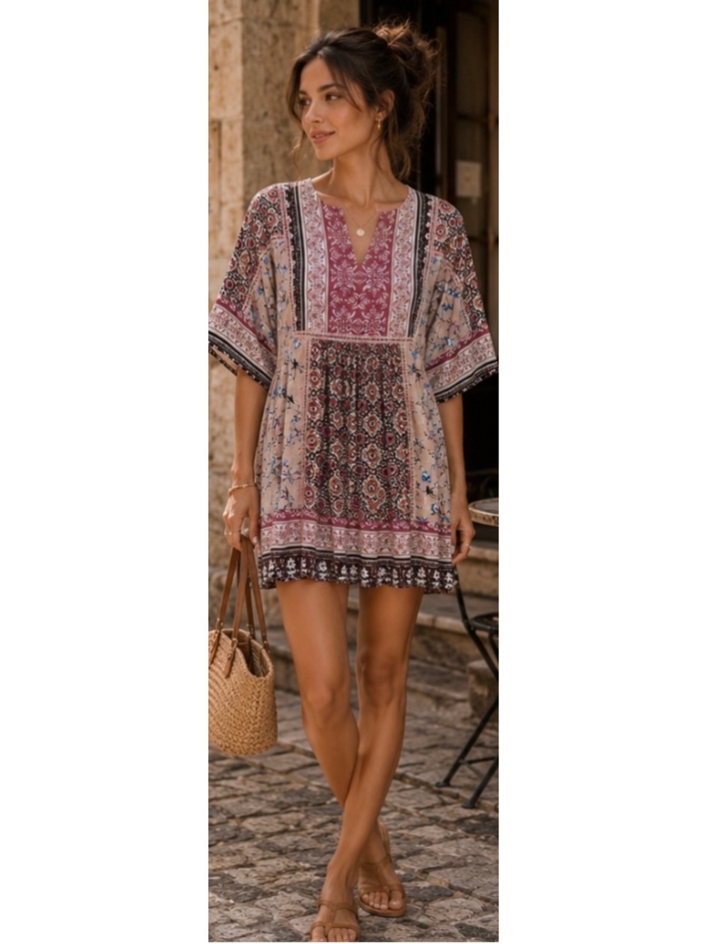 Sundance Beige Pink Floral Print Mini Dress S Boho Chic Cottage Core